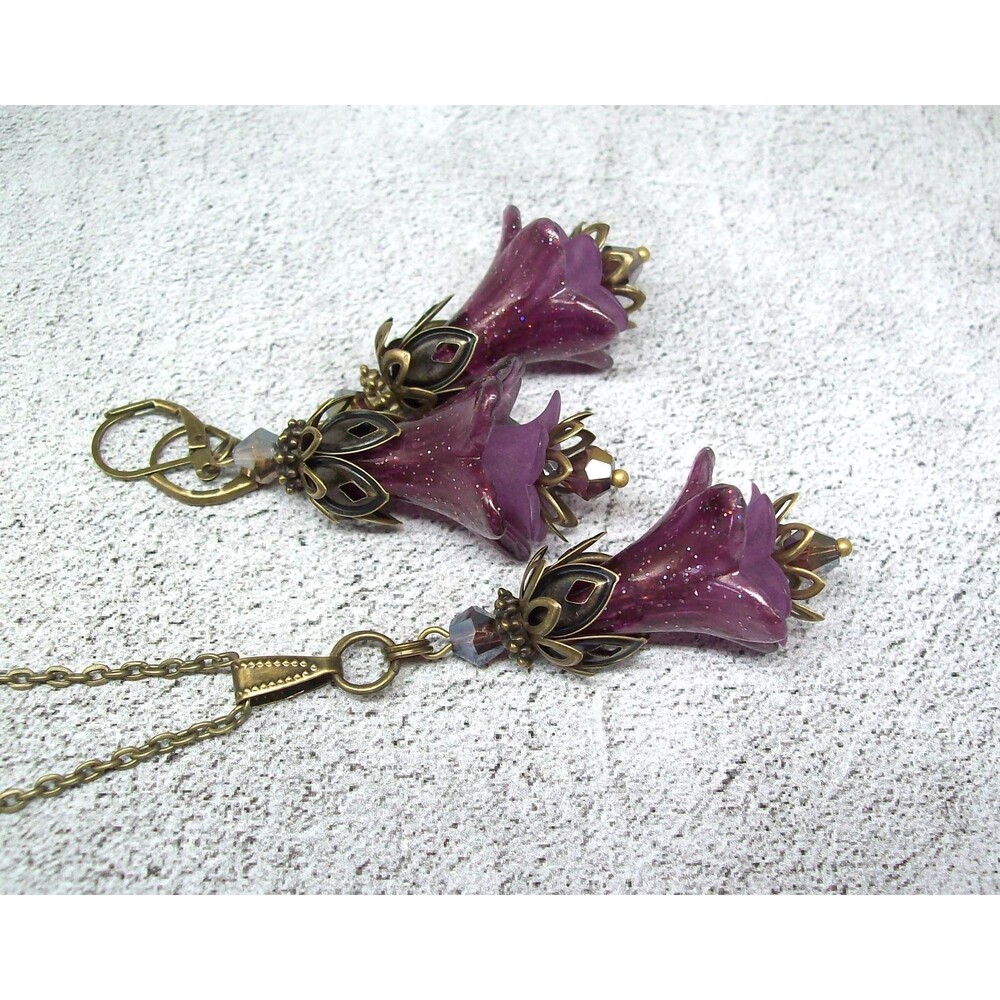 Art Nouveau Jewelry Set, Earrings & Necklace, Vintage Style, Antique Bronze, Art